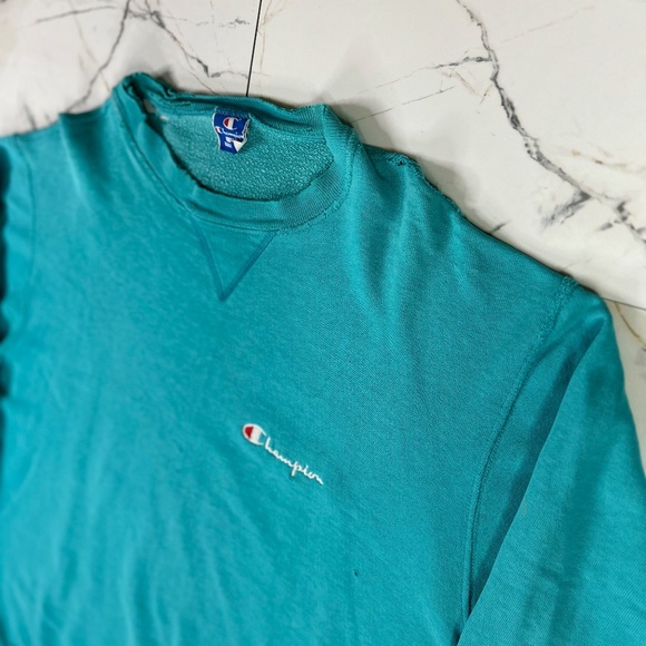VINTAGE 90s CHAMPION CREW NECK SWEATSHIRT SZ XL TEAL BLUE THRASHED/FADED - Picture 9 of 12